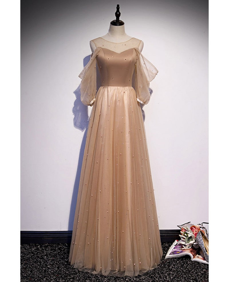 Robe de soirée élégante marron trapèze/princesse dos nu avec ceinture et étoiles décalcomanies, en dentelle marron à paillettes, longueur au sol/longue à volants