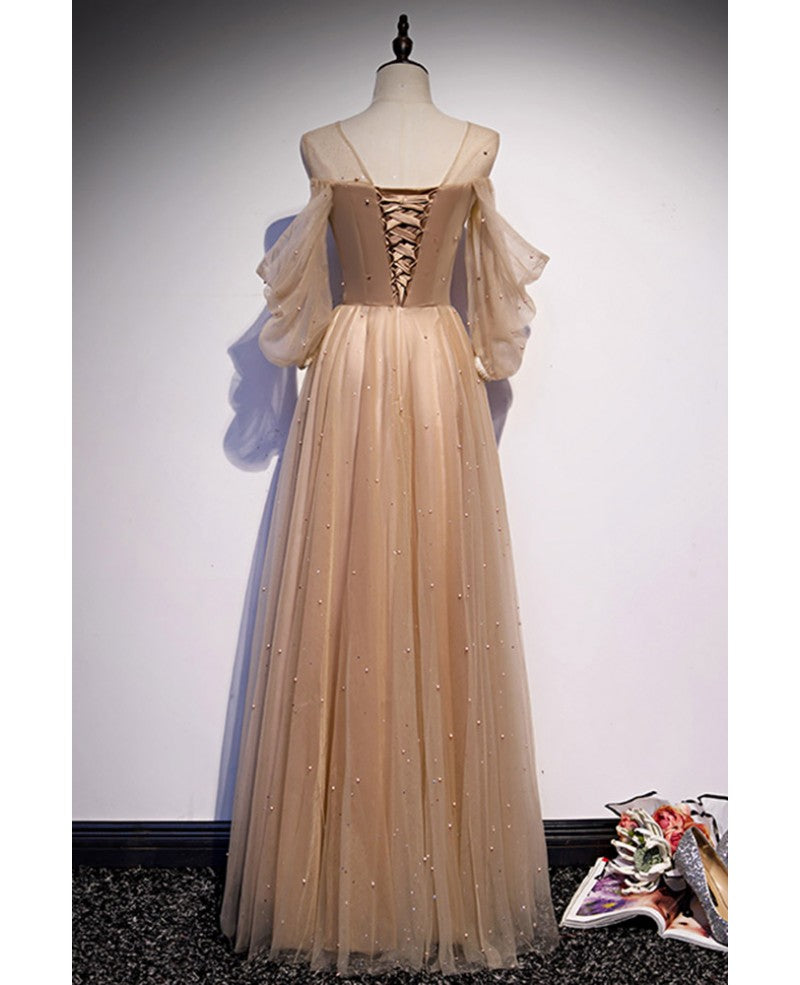 Robe de soirée élégante marron trapèze/princesse dos nu avec ceinture et étoiles décalcomanies, en dentelle marron à paillettes, longueur au sol/longue à volants
