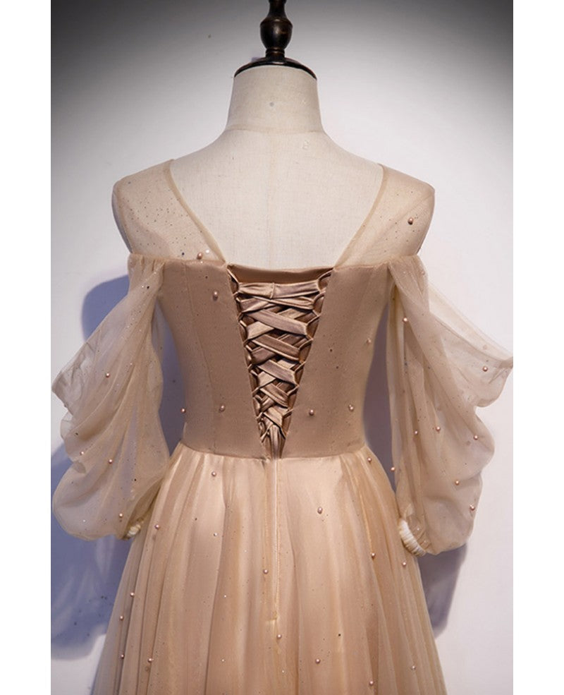 Robe de soirée élégante marron trapèze/princesse dos nu avec ceinture et étoiles décalcomanies, en dentelle marron à paillettes, longueur au sol/longue à volants