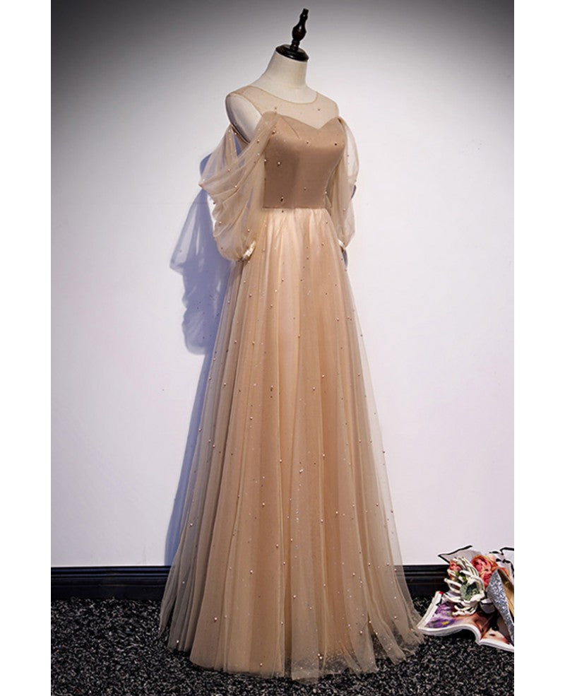 Robe de soirée élégante marron trapèze/princesse dos nu avec ceinture et étoiles décalcomanies, en dentelle marron à paillettes, longueur au sol/longue à volants