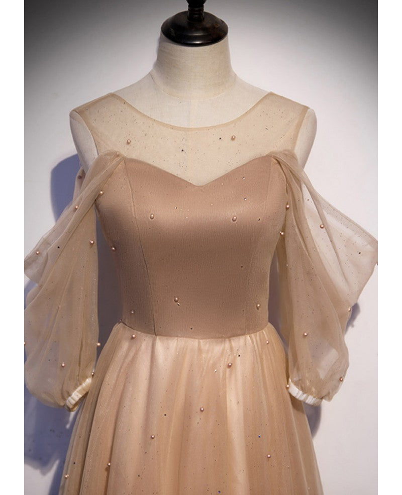 Robe de soirée élégante marron trapèze/princesse dos nu avec ceinture et étoiles décalcomanies, en dentelle marron à paillettes, longueur au sol/longue à volants