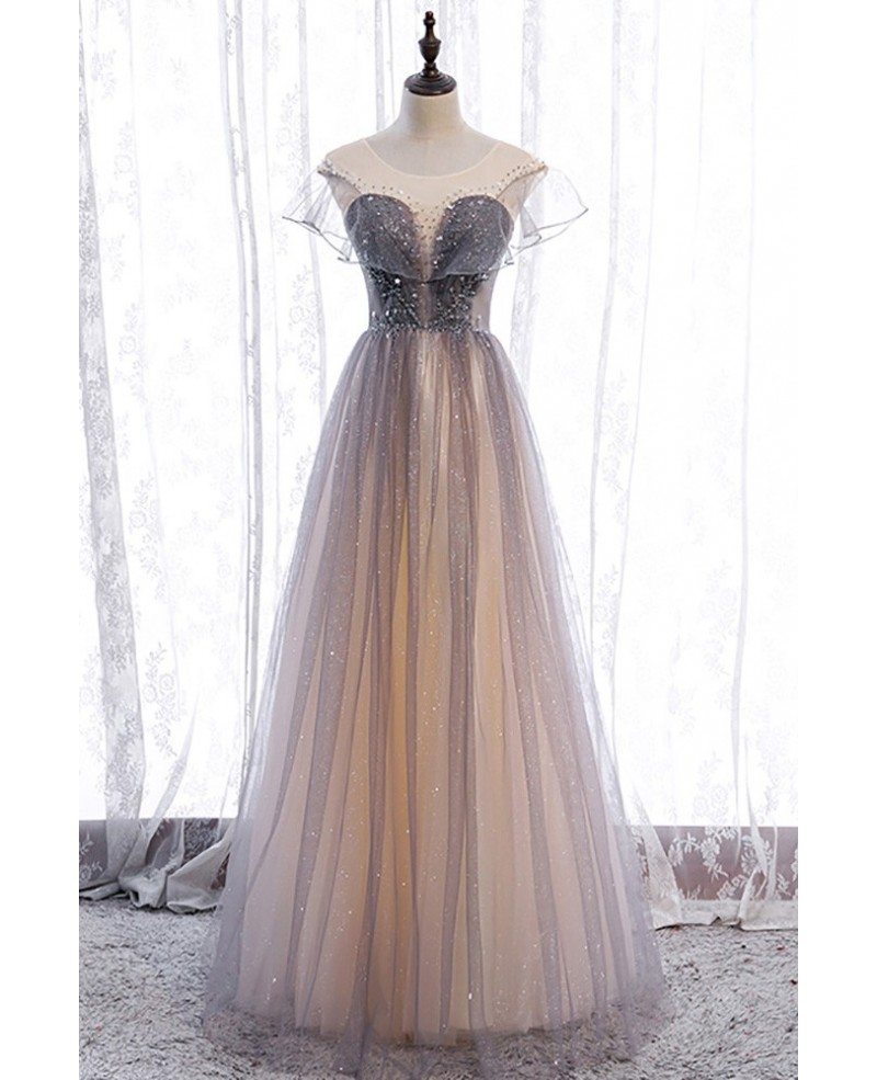 Belle robe de bal à manches courtes en dégradé de couleur champagne violet, paillettes perlées, couleur champagne, col princesse, gaze fine, bord à volants long, dos nu et longueur au sol