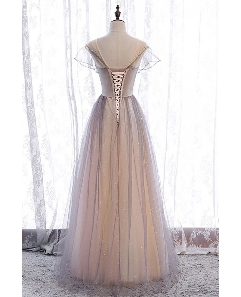 Belle robe de bal à manches courtes en dégradé de couleur champagne violet, paillettes perlées, couleur champagne, col princesse, gaze fine, bord à volants long, dos nu et longueur au sol