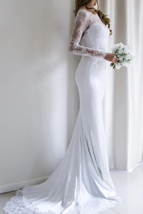 Robe de mariée sirène blanche élégante à manches longues et dentelle avec traîne
