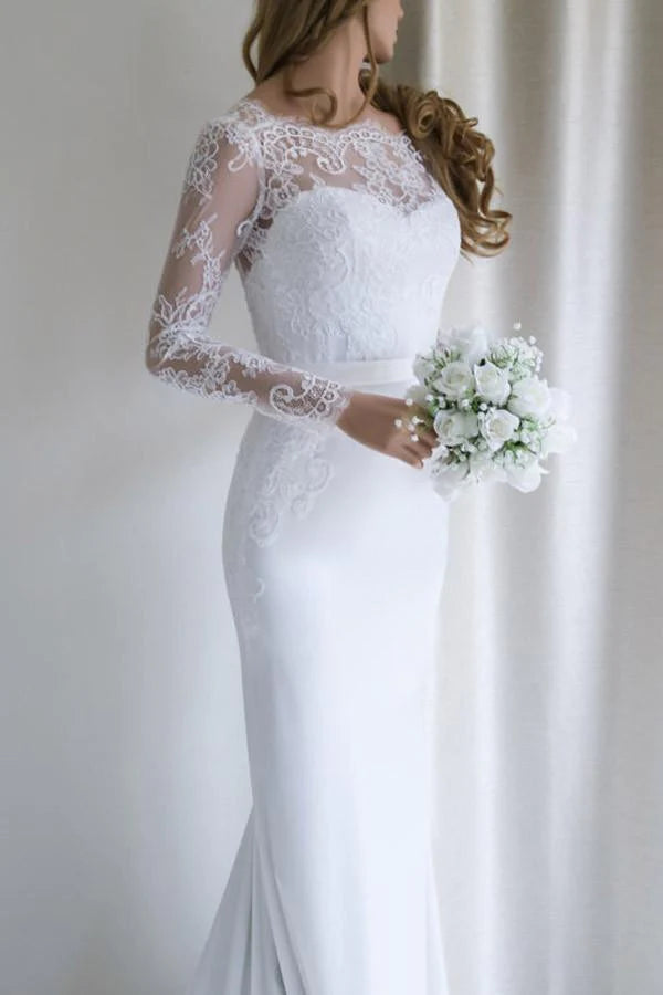 Robe de mariée sirène blanche élégante à manches longues et dentelle avec traîne