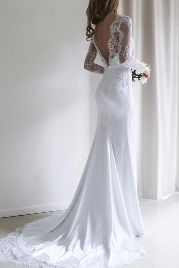 Robe de mariée sirène blanche élégante à manches longues et dentelle avec traîne