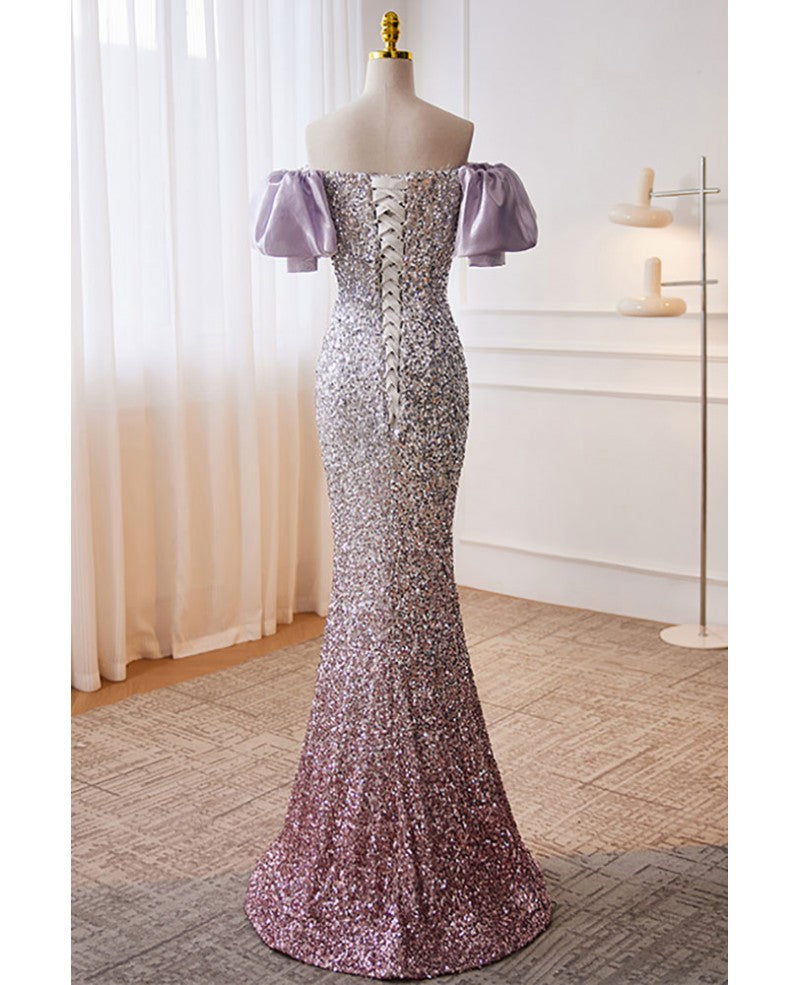 Funkelndes lavendelfarbenes, schulterfreies, kurzärmliges Abendkleid mit Pailletten