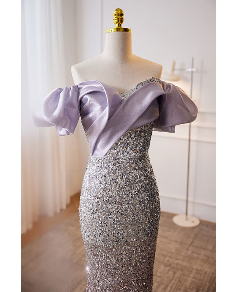 Funkelndes lavendelfarbenes, schulterfreies, kurzärmliges Abendkleid mit Pailletten