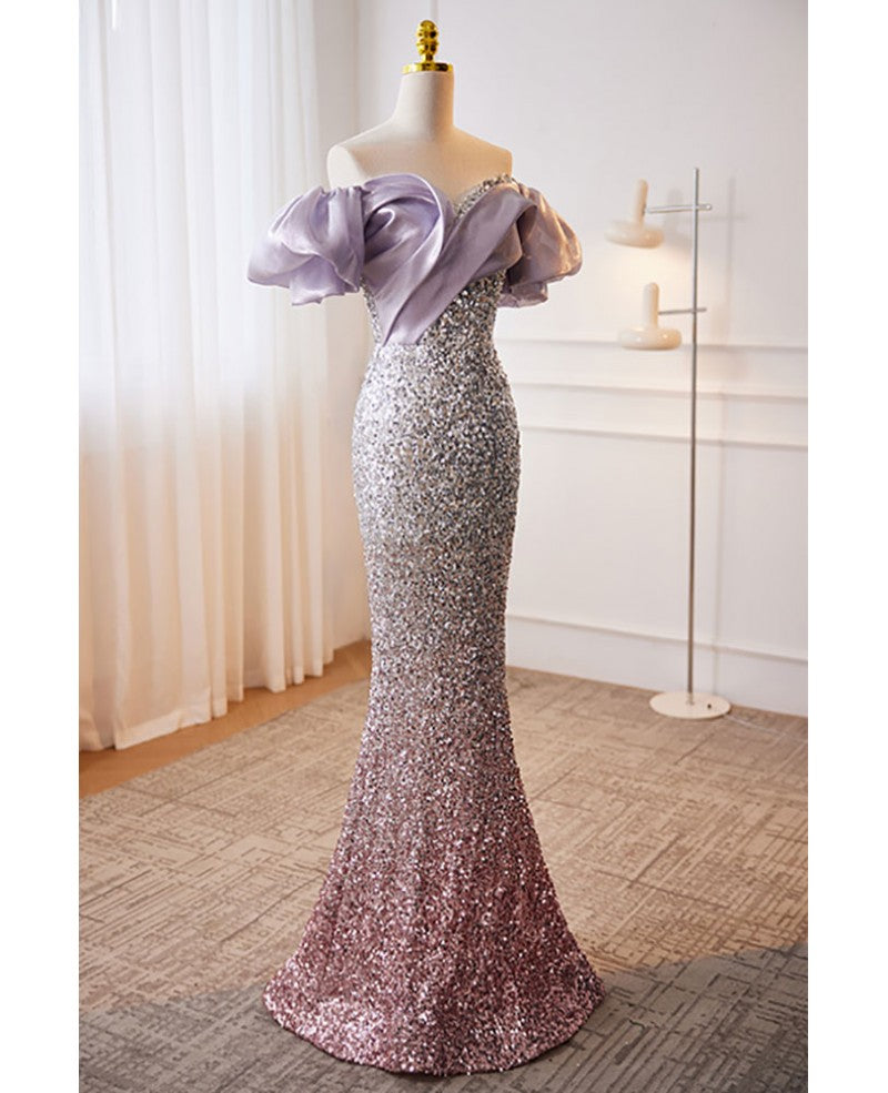 Funkelndes lavendelfarbenes, schulterfreies, kurzärmliges Abendkleid mit Pailletten