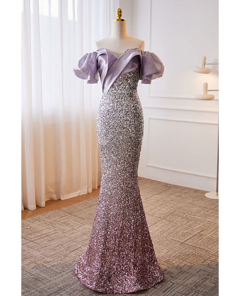 Funkelndes lavendelfarbenes, schulterfreies, kurzärmliges Abendkleid mit Pailletten