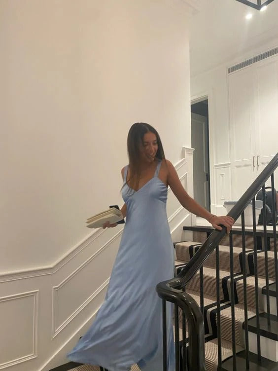 Elegant Slip V-Neck Sleeveless Solid Color Long Evening Dress