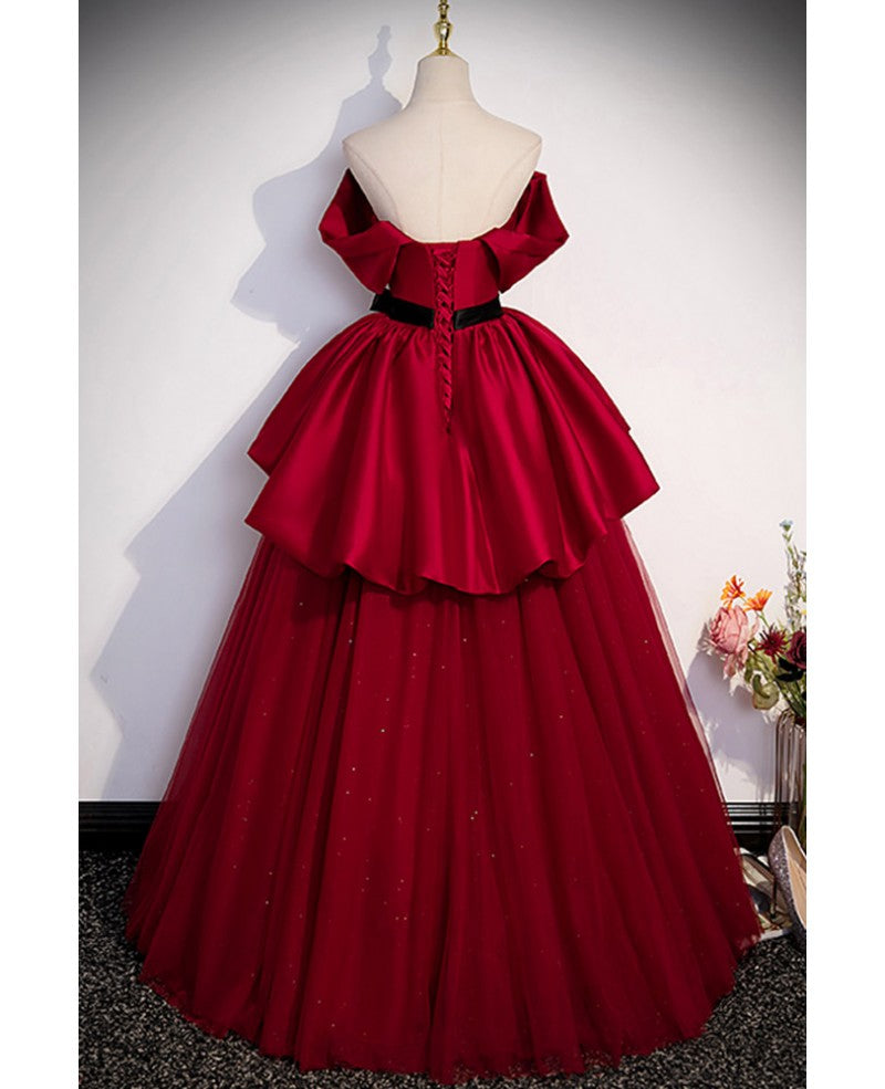 Belle robe de bal rouge vin sans bretelles et sans manches, ceinture à nœud rouge vin sans bretelles et robe de soirée longue au sol