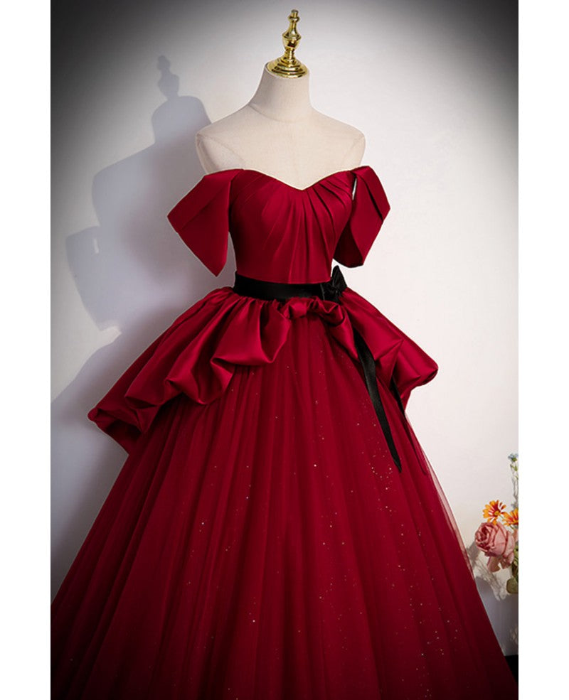 Belle robe de bal rouge vin sans bretelles et sans manches, ceinture à nœud rouge vin sans bretelles et robe de soirée longue au sol