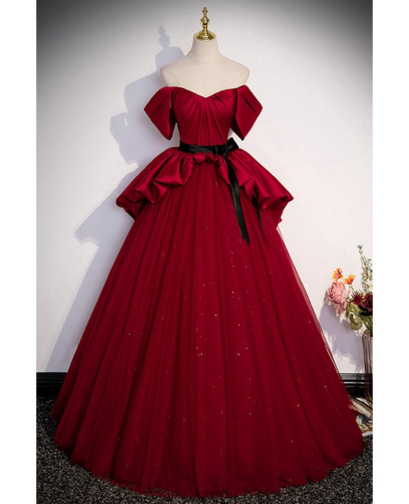 Belle robe de bal rouge vin sans bretelles et sans manches, ceinture à nœud rouge vin sans bretelles et robe de soirée longue au sol