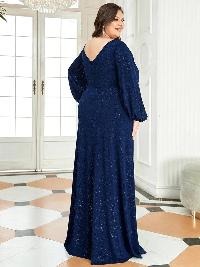 Bodenlanges Kleid für die Brautmutter in Übergröße mit Laternenärmeln und V-Ausschnitt 