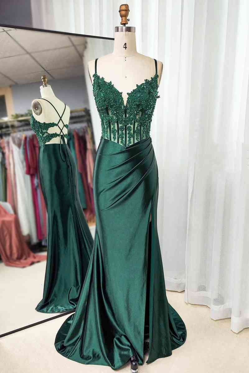 Emerald Green Lace Corset Mermaid High Slit Prom Dress