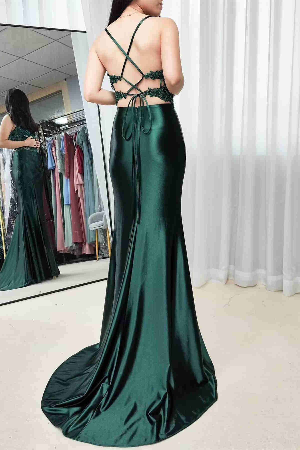 Emerald Green Lace Corset Mermaid High Slit Prom Dress