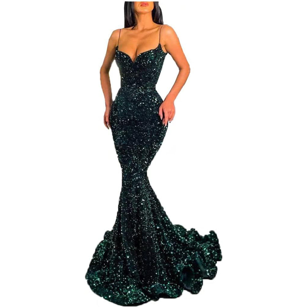 Pailletten-Meerjungfrauen-Ballkleid, funkelndes V-Ausschnitt-Ballkleid mit italienischen Nudelträgern