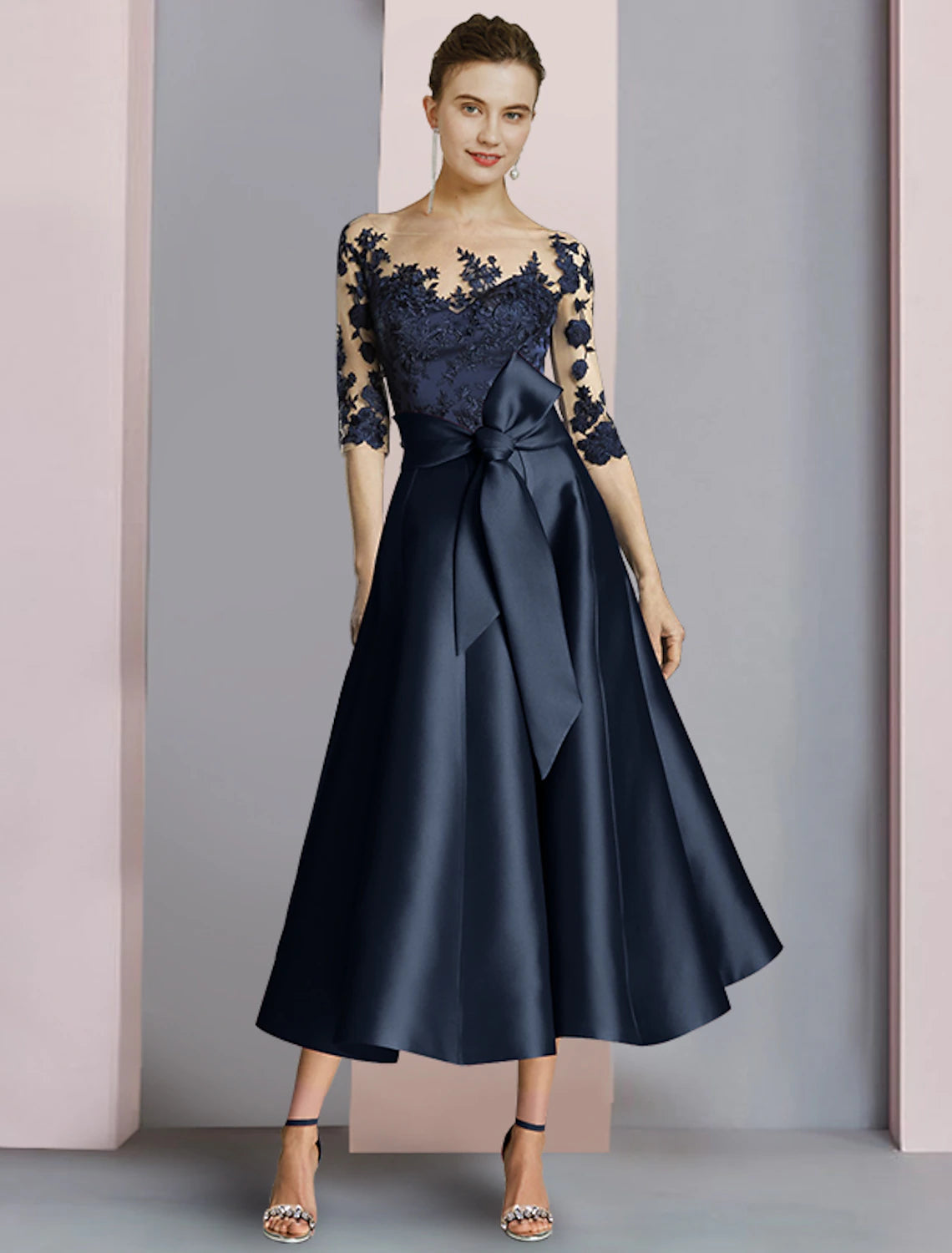 Etuikleid/Säulenkleid für die Brautmutter, Herbst, Hochzeitsgast, Party, elegant, Rundhalsausschnitt, knöchellang, Satin, Spitze, halbe Ärmel, mit Schleife(n), Falten