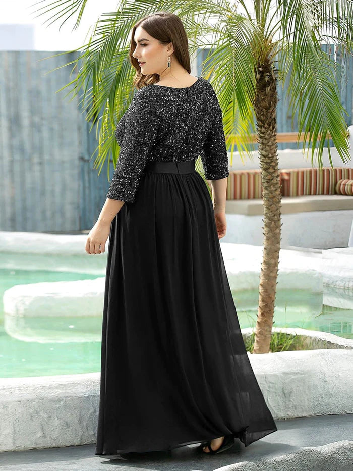 Robe de soirée élégante à paillettes et manches longues, décolleté rond 