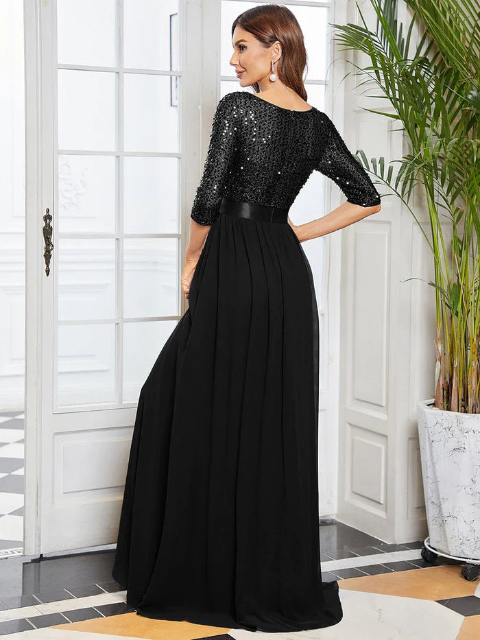 Robe de soirée élégante à paillettes et manches longues, décolleté rond 