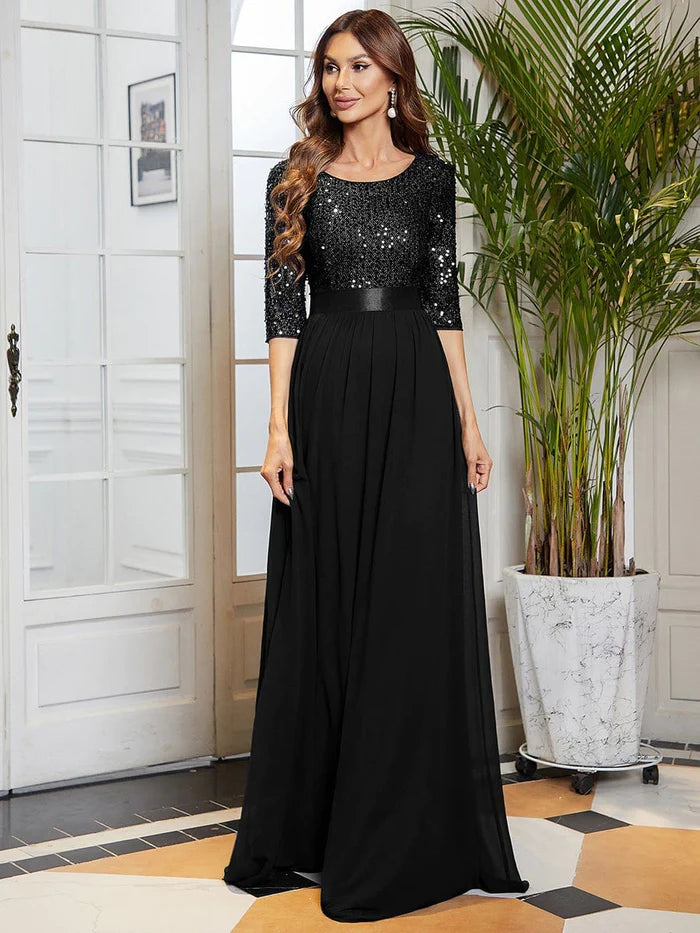 Robe de soirée élégante à paillettes et manches longues, décolleté rond 