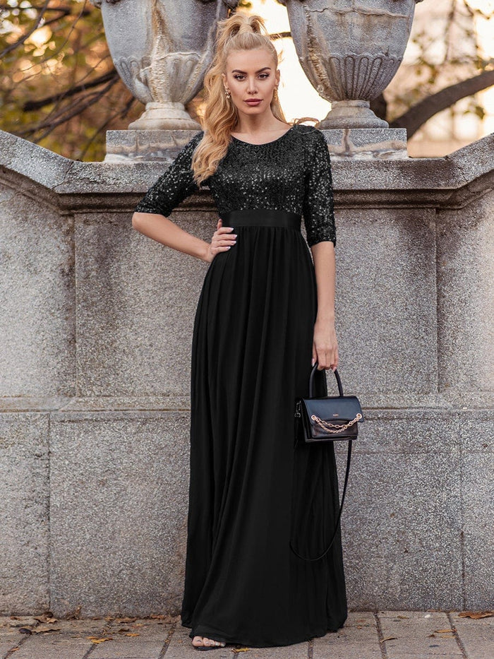 Robe de soirée élégante à paillettes et manches longues, décolleté rond 