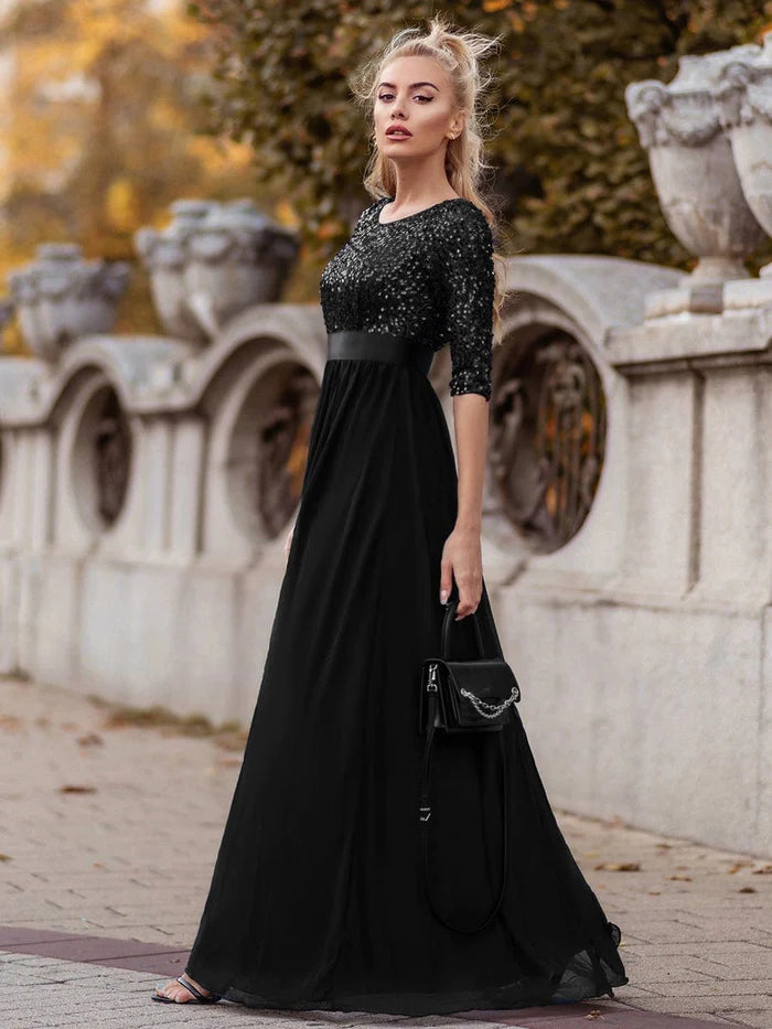 Robe de soirée élégante à paillettes et manches longues, décolleté rond 