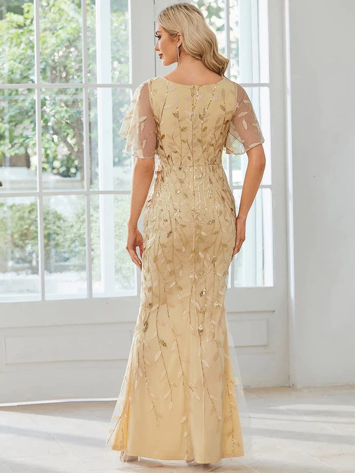 Wunderschönes Partykleid mit V-Ausschnitt, Blattpailletten und Fischschwanz 