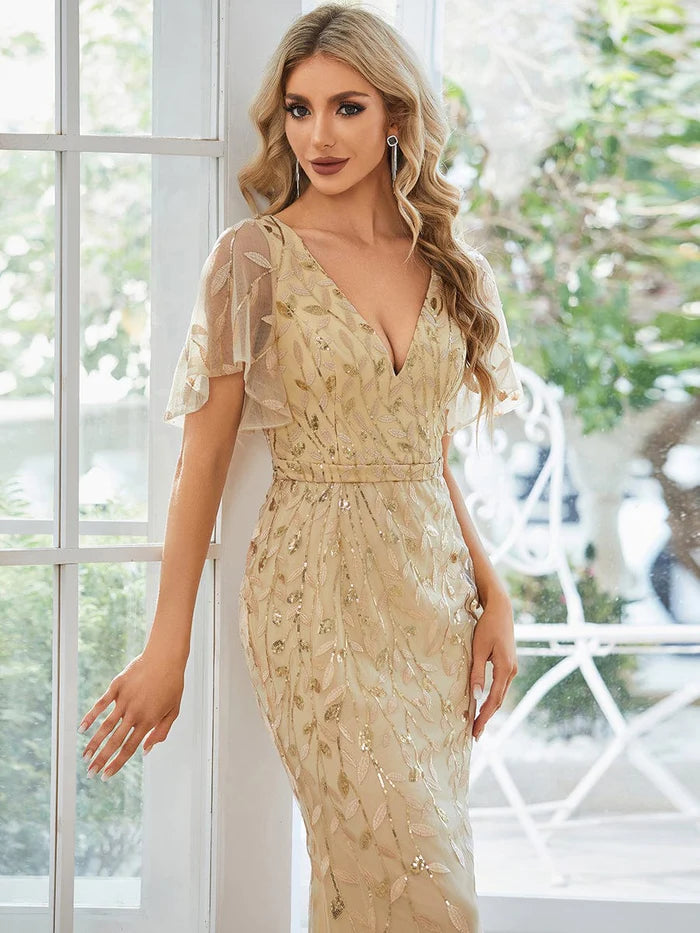 Wunderschönes Partykleid mit V-Ausschnitt, Blattpailletten und Fischschwanz 