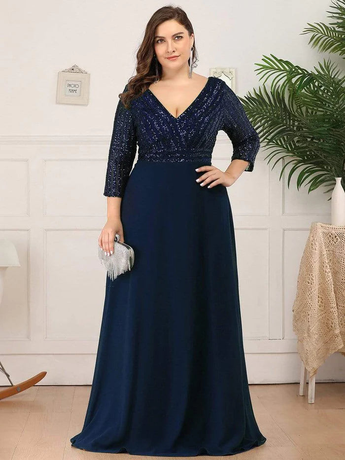 Plus Size V-Ausschnitt A-Linie Pailletten Abendkleid mit Ärmeln 