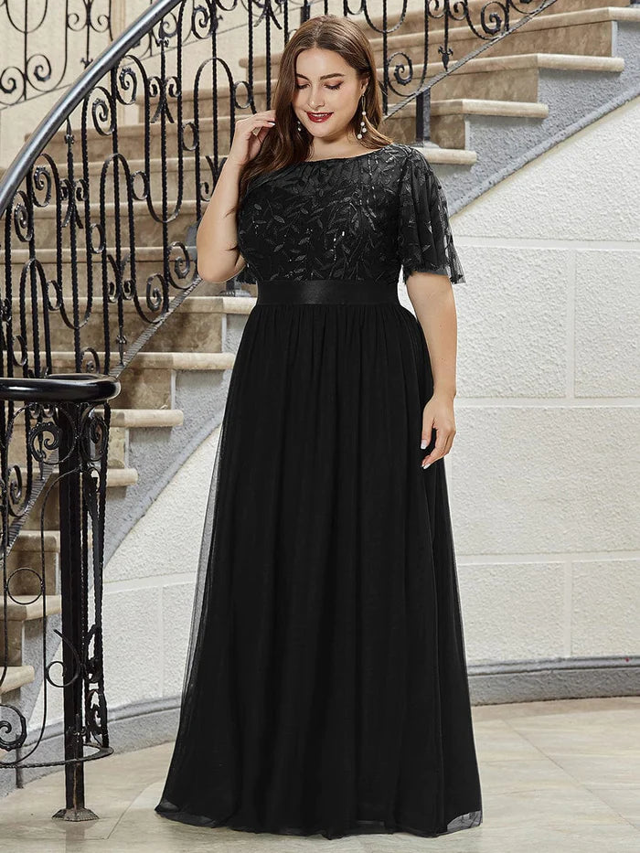 Plus Size Damen Stickerei Abendkleider mit kurzen Ärmeln 