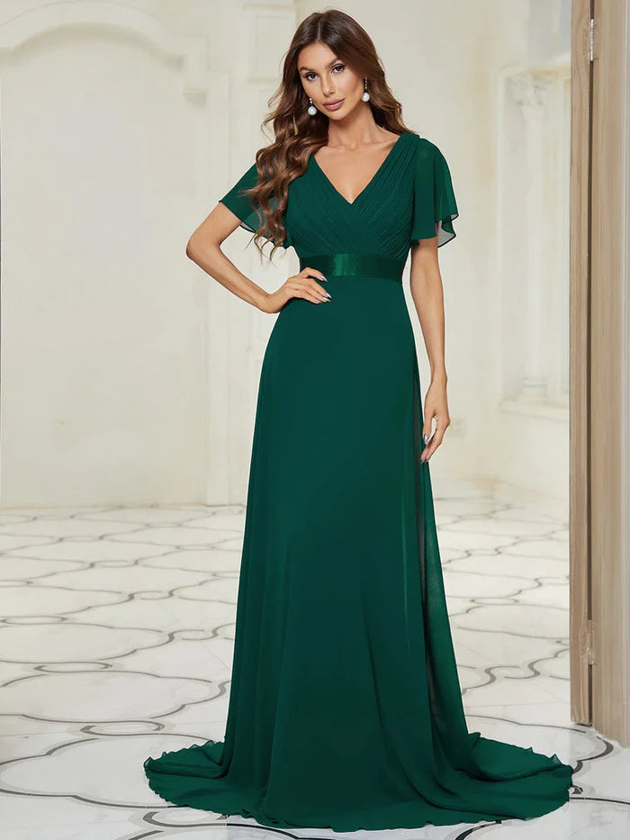 Langes Brautjungfernkleid aus Chiffon mit Empire-Taille und kurzen Flügelärmeln 