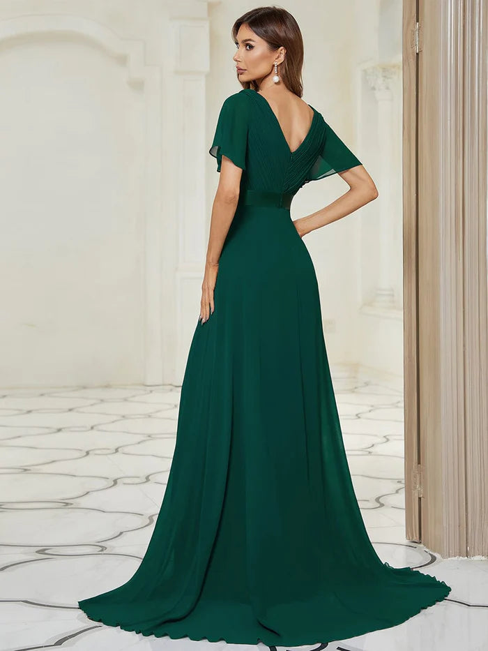 Langes Brautjungfernkleid aus Chiffon mit Empire-Taille und kurzen Flügelärmeln 