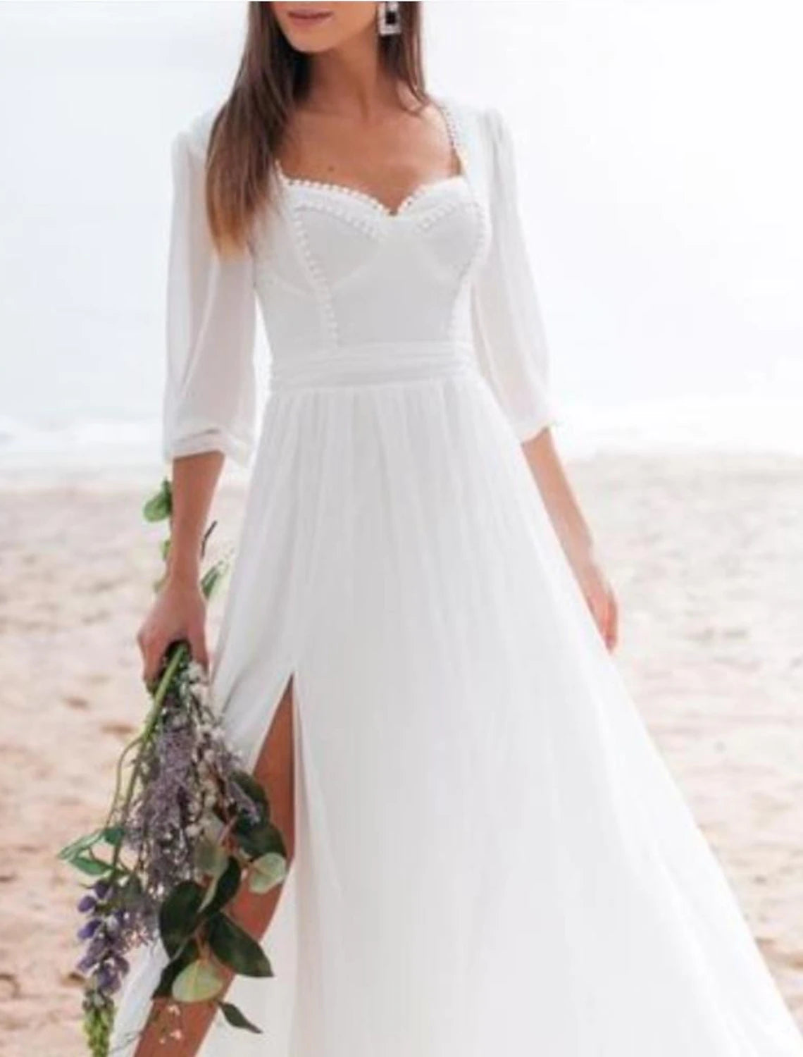 Robes de mariée blanches de plage, coupe trapèze, col carré, manches longues, longueur au sol, en mousseline, avec fente sur le devant froncée