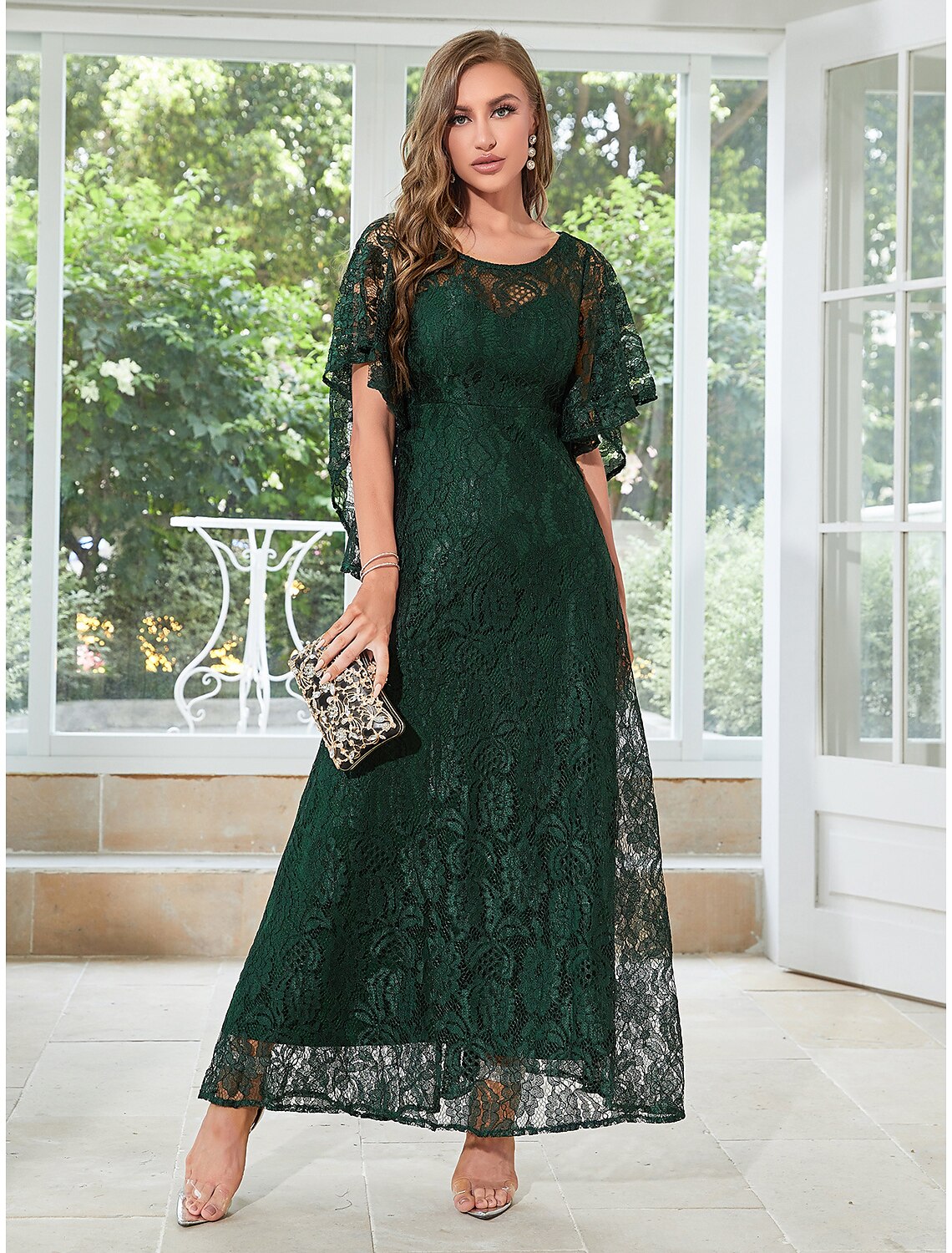 Robe de mariée trapèze élégante, tenue de soirée, longueur cheville, manches mi-longues, col bijou, dentelle avec volants et appliques