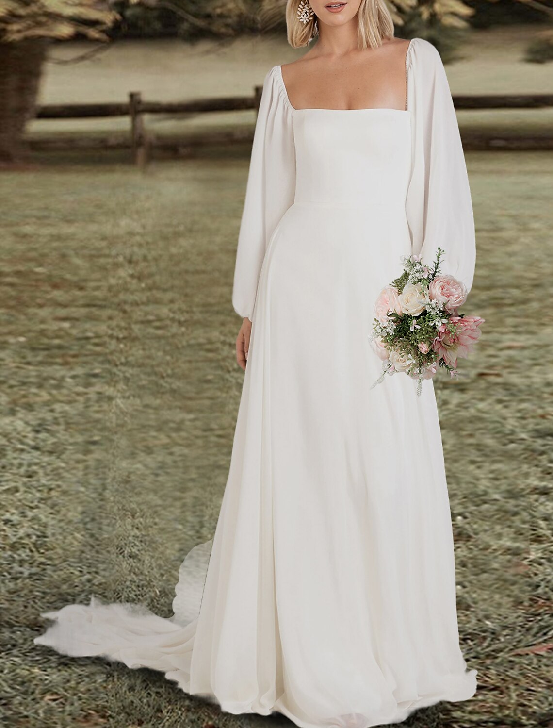 Robes de mariée de fiançailles dos nu, coupe trapèze, col carré, manches longues, traîne courte, en mousseline de soie, couleur unie