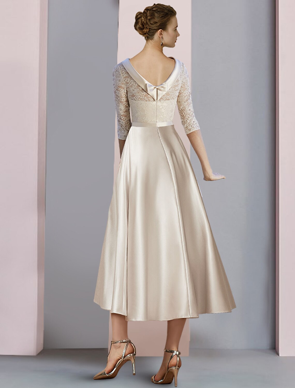 Etuikleid/Säulenkleid für die Brautmutter, Hochzeitsgast, Party, elegant, U-Ausschnitt, bodenlang, Satin, Spitze, halbe Ärmel, mit Schleife(n), Falten