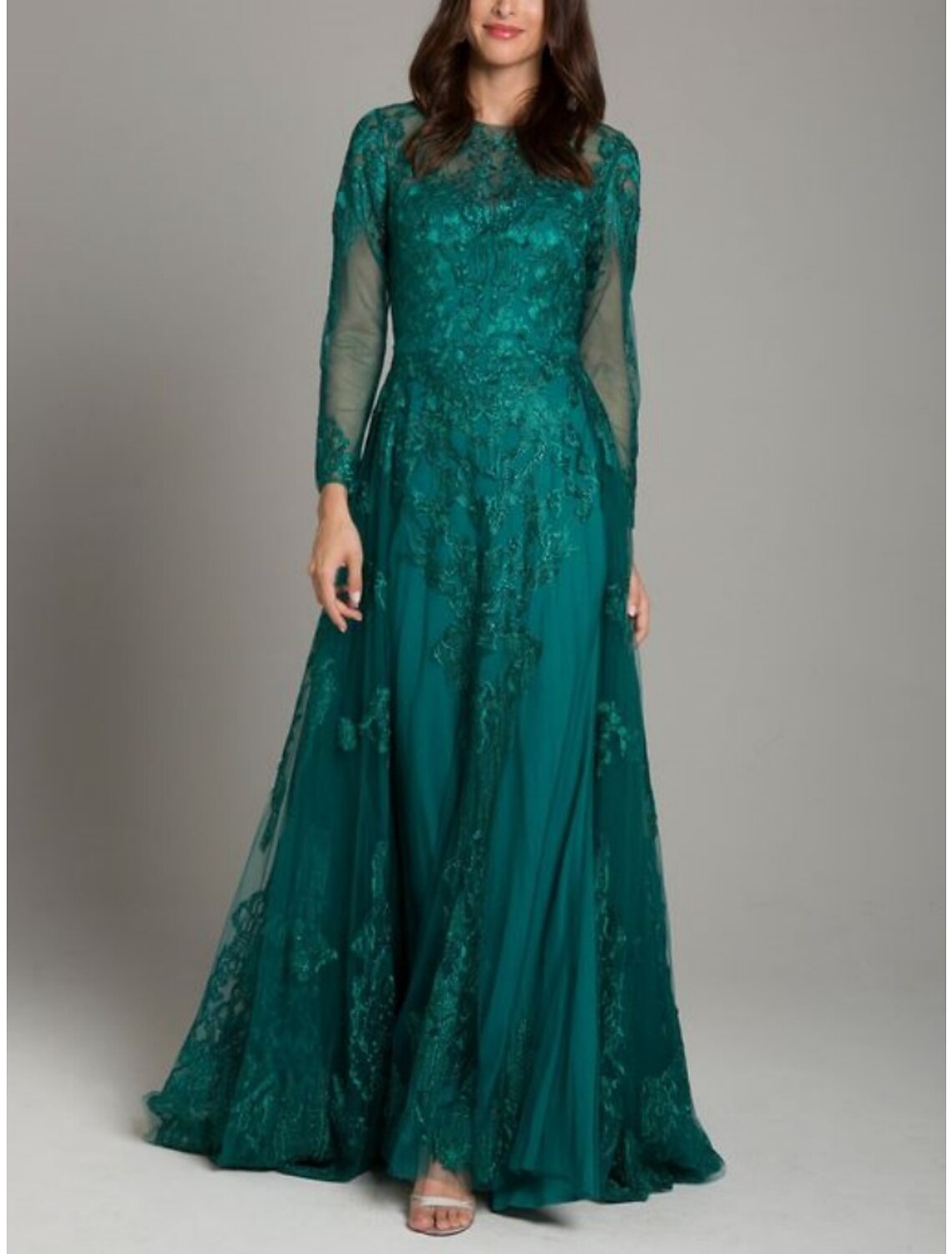 A-Linie Kleid für die Brautmutter, Hochzeitsgast, elegant, Rundhalsausschnitt, bodenlang, Spitze, Tüll, lange Ärmel mit Rüschen, einfarbig