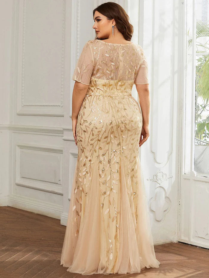 Abendkleid im Meerjungfrauen-Stil aus Tüll mit Blumenmuster und Pailletten in Übergröße 