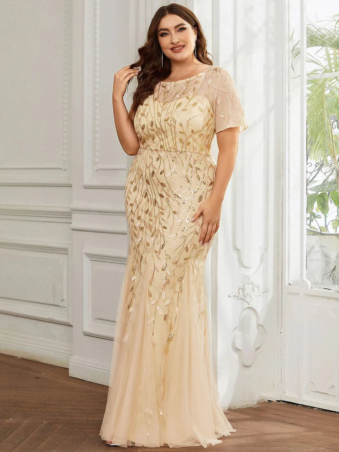 Abendkleid im Meerjungfrauen-Stil aus Tüll mit Blumenmuster und Pailletten in Übergröße 