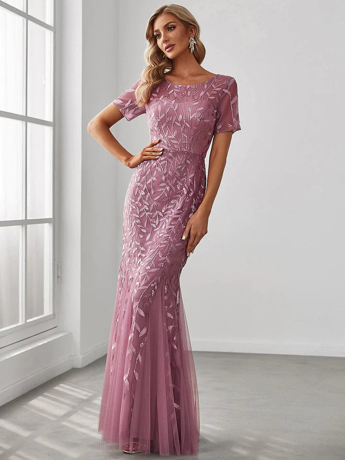 Robe longue à imprimé floral et sequins, coupe sirène, manches mi-longues 