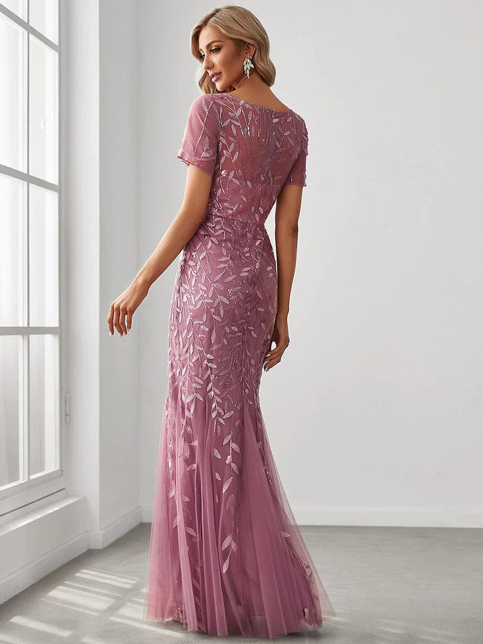 Robe longue à imprimé floral et sequins, coupe sirène, manches mi-longues 