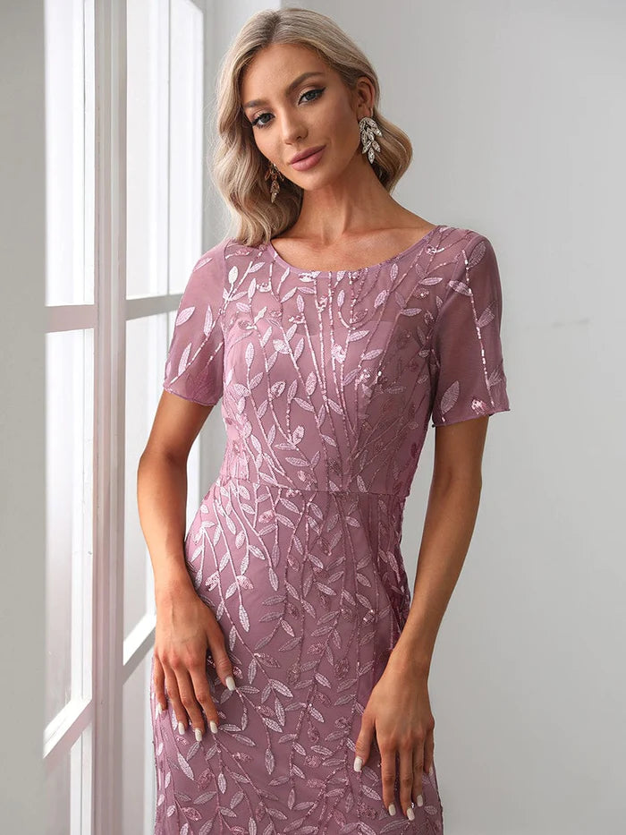 Robe longue à imprimé floral et sequins, coupe sirène, manches mi-longues 