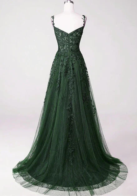 Vintage/chic green strap sleeveless backless sheer paired with lace party dress, A-shaped sweet rhinestone lace floral and floor prom dress