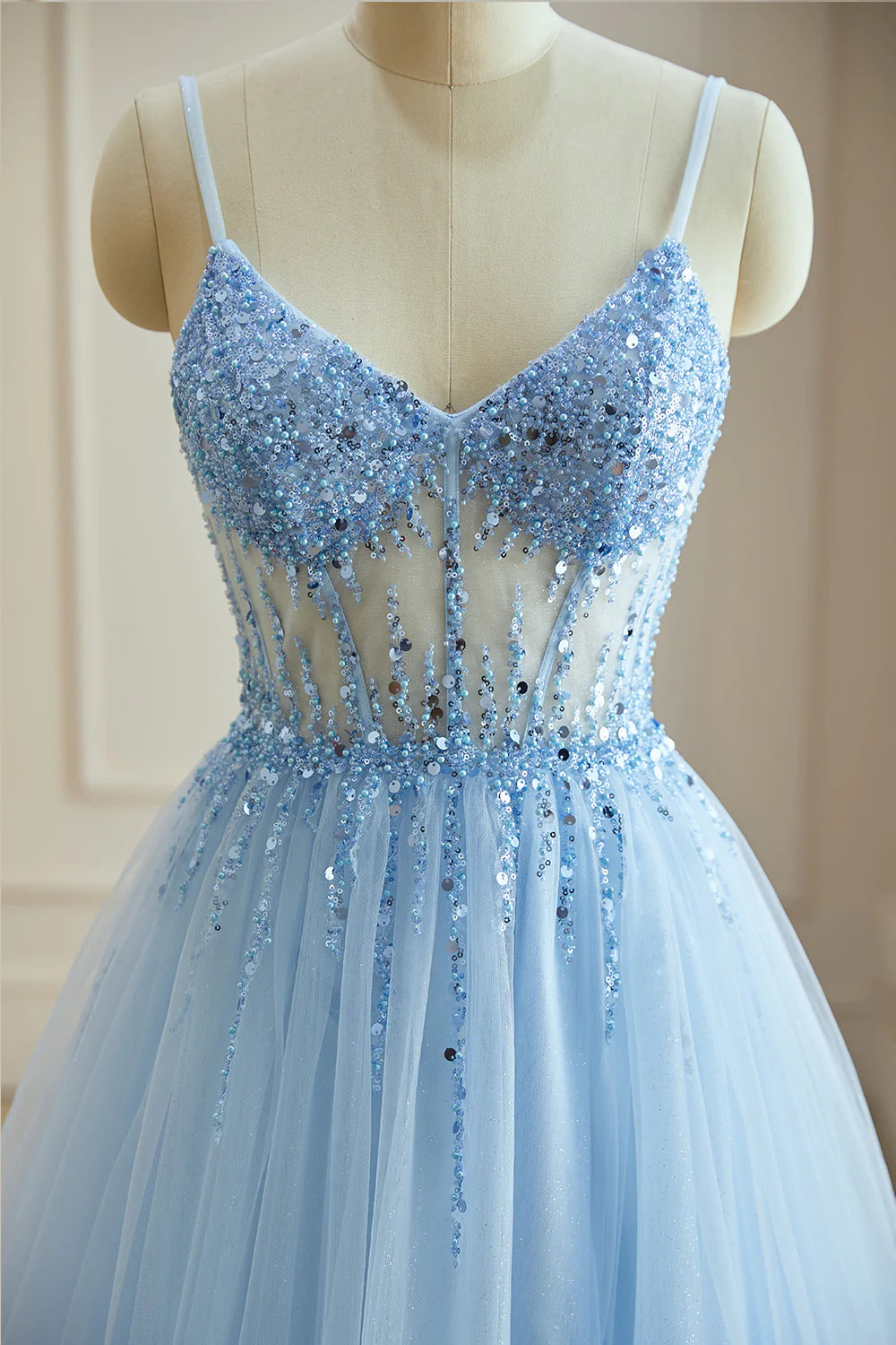 A-Line V-Neck Spaghetti Straps Beads Modest Tulle Cheap Evening Prom Dresses