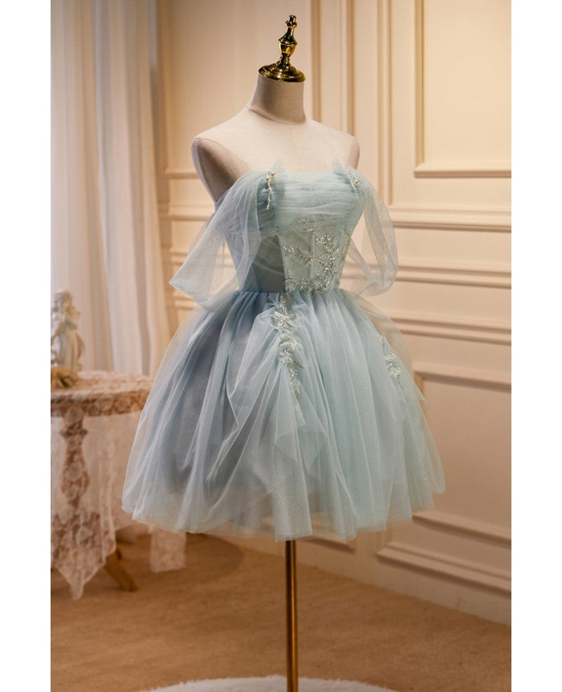 Robe de soirée courte élégante et sexy bleu ciel à bretelles et paillettes, sans manches, robe de cocktail plissée bleu ciel à dos nu