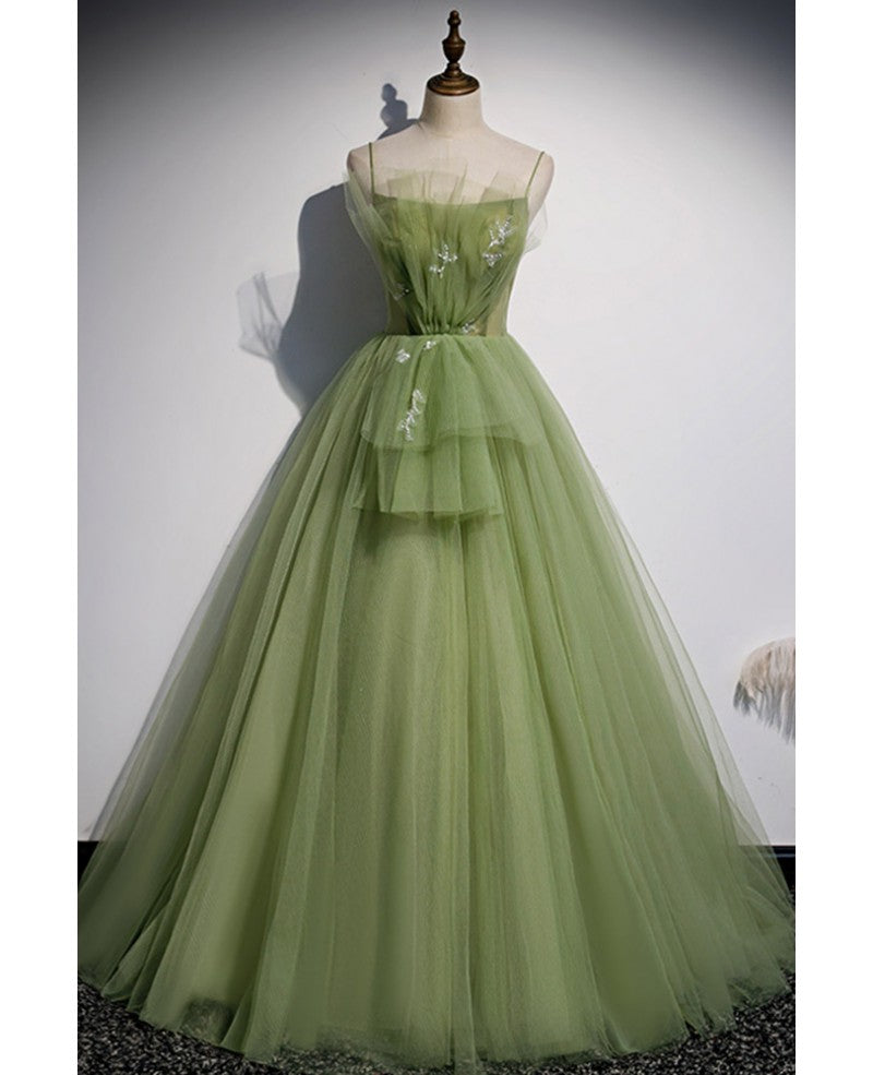 Robe de bal élégante verte à volants et bretelles en perles, sans manches, coupe trapèze, dos nu et longueur au sol
