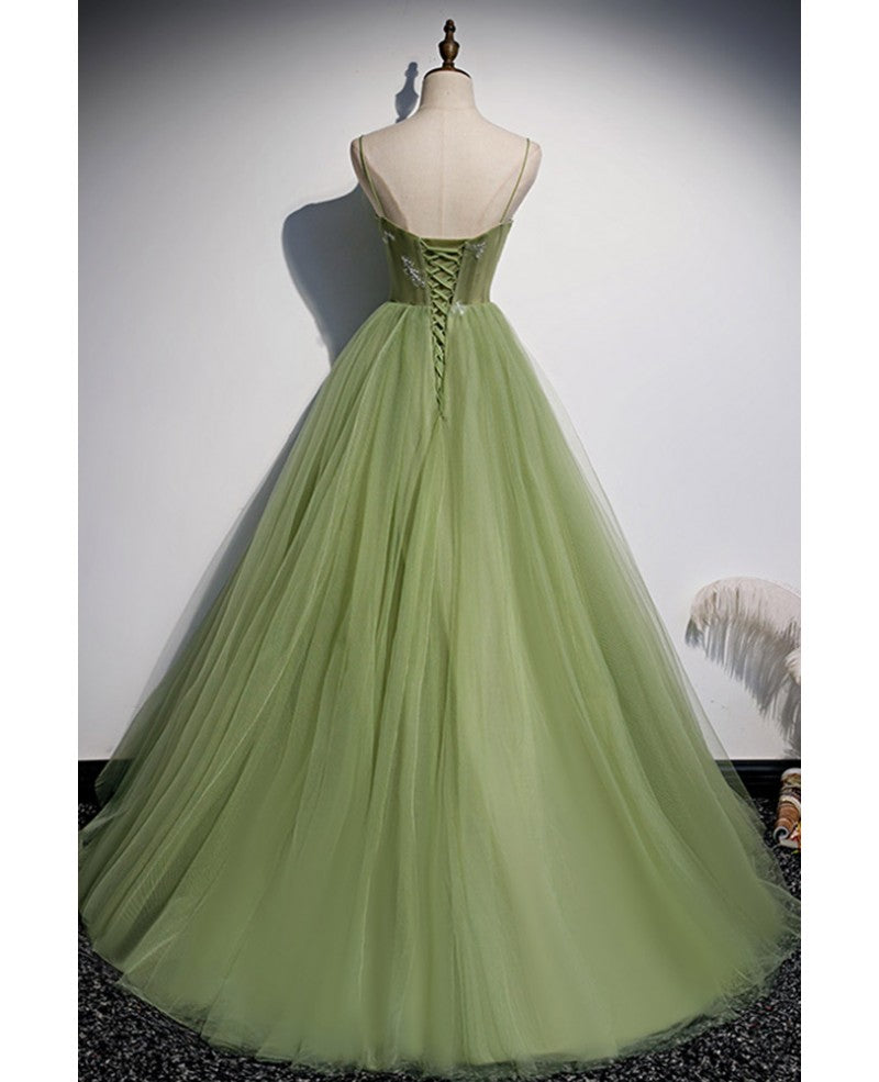 Robe de bal élégante verte à volants et bretelles en perles, sans manches, coupe trapèze, dos nu et longueur au sol