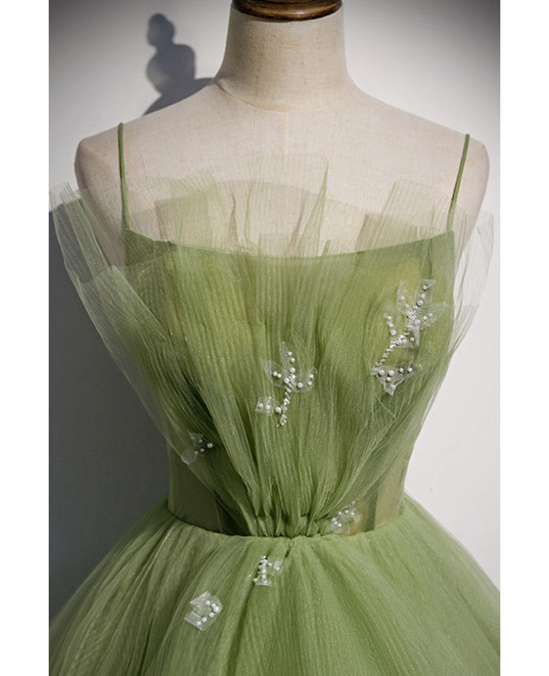 Robe de bal élégante verte à volants et bretelles en perles, sans manches, coupe trapèze, dos nu et longueur au sol